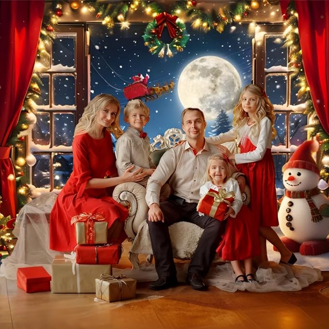 Christmas Backdrop 8x6.5ft Winter Full Moon Snow Pine Trees Forest Santa Claus Background Snowman Xmas Tree Party Decors Photo Booth Props - Image 5