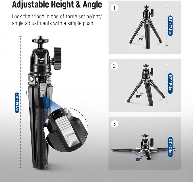 NEEWER Mini Desk Tripod, Metal Table Top Small Portable Travel Selfie Stick Stand with 360° Ball Head & 1/4" Screw for Camera Mobile Phone Holder Action Cam, Cleaning Cloth, Max Load 6.6 lbs, TP29 - Image 5