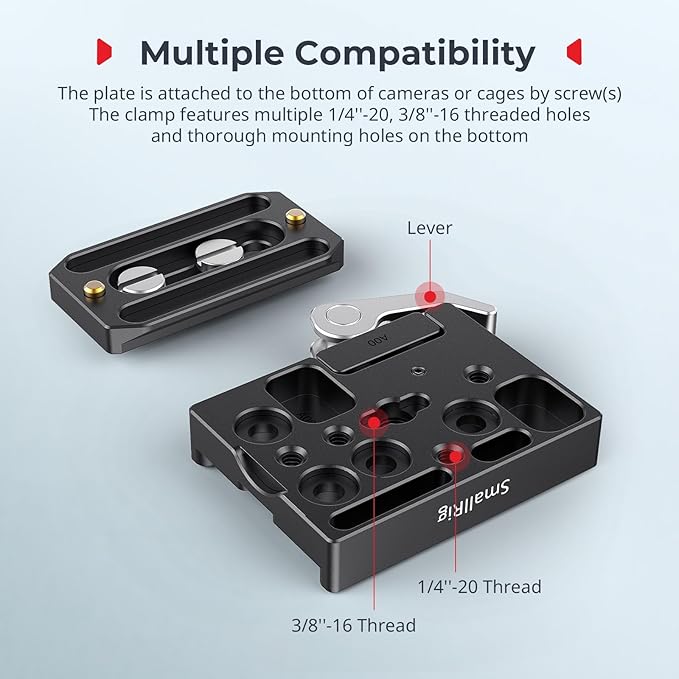 SMALLRIG Universal Quick Release Mount Plate Kit for Arca, Clamp & Plate | Built in Clamp and Plate, with 1/4''-20 & 3/8''-16 Threaded Holes - Image 3