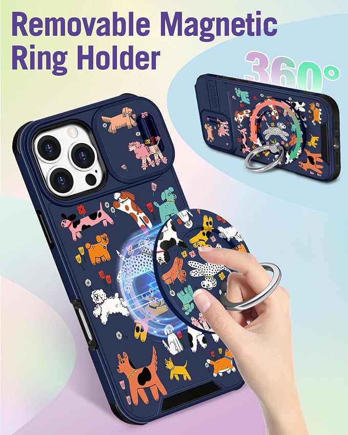 Buleens for iPhone 16 Pro Case 6.3 Inch - with Ring Stand & Camera Cover Aesthetic Cute Designed for Women Girls Girly Cartoon Kawaii Dogs Phone Case for iPhone 16 Pro Compatible with Magsafe - Image 5