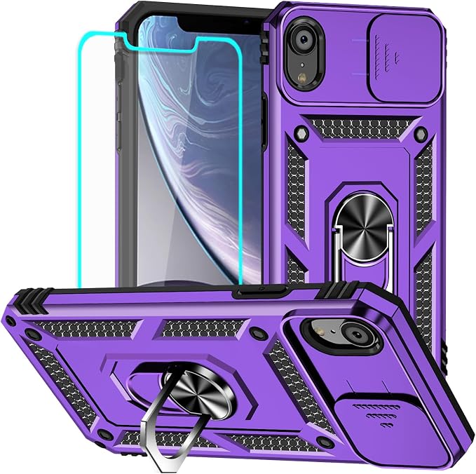 HNHYGETE for iPhone XR Phone Case with HD Screen Protector: [Military Grade 20ft. Drop Tested] Slide Camera Cover Ring Shockproof Protective Phone Case for - iPhone XR (Purple) by HNHYGETE