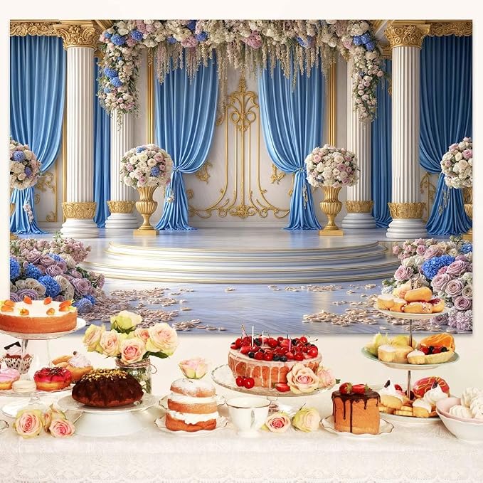 6X4ft Luxurious Blue and White Floral Backdrop for Photography Castle Palace Wedding Party Decortion Elegant Flowers Backdrop Wedding Birthday Party Decorations Bridal Shower Backdrops Studio Props - Image 4