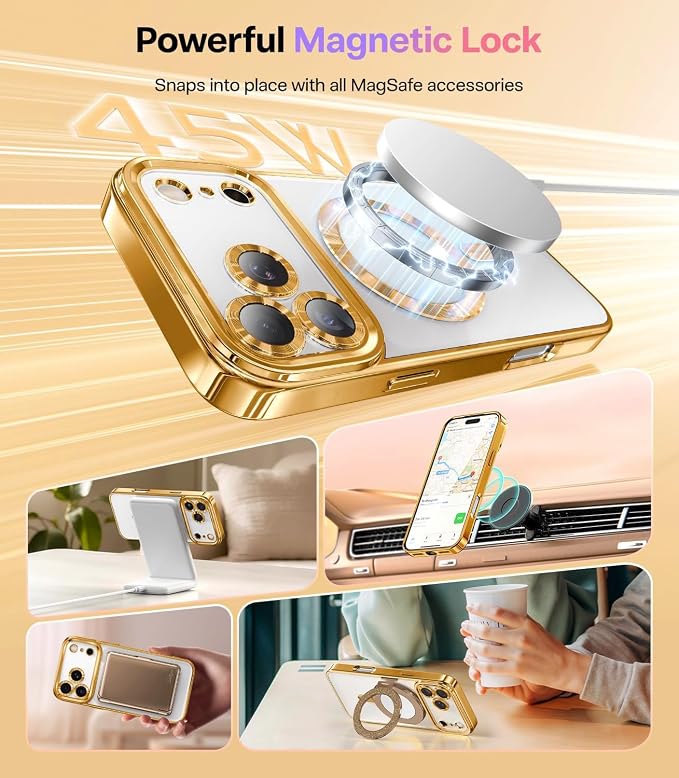 Magnetic Glossy Case for iPhone 17 Pro,iPhone 17Pro Phone Case Slim Clear Luxury with Screen Protector & Camera Protector [Compatible with MagSafe], Shockproof Cover for iPhone Pro 17-Gold - Image 3