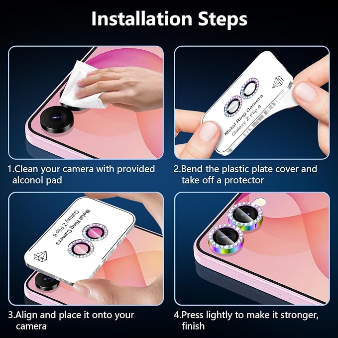 for Samsung Galaxy Z Flip 8 Camera Lens Protector, Individual Metal Ring Tempered Glass Lens Cover, [Strong Adsorption] Scratch Resistant Ultra-Thin HD Clear Lens Cover, 1 Set-Colorful Diamond - Image 7
