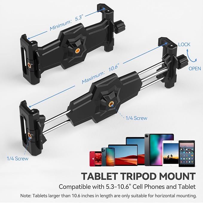 KDD iPad and Phone Tripod Mount Adapter with Ball Head, iPad Holder for Tripod, 360 Rotatable Tablet Clamp Mount fits iPad Pro 12.9, Air Mini 3 4, Galaxy Tab, Surface Pro, Selfie Stick(5.3-10.6") - Image 2