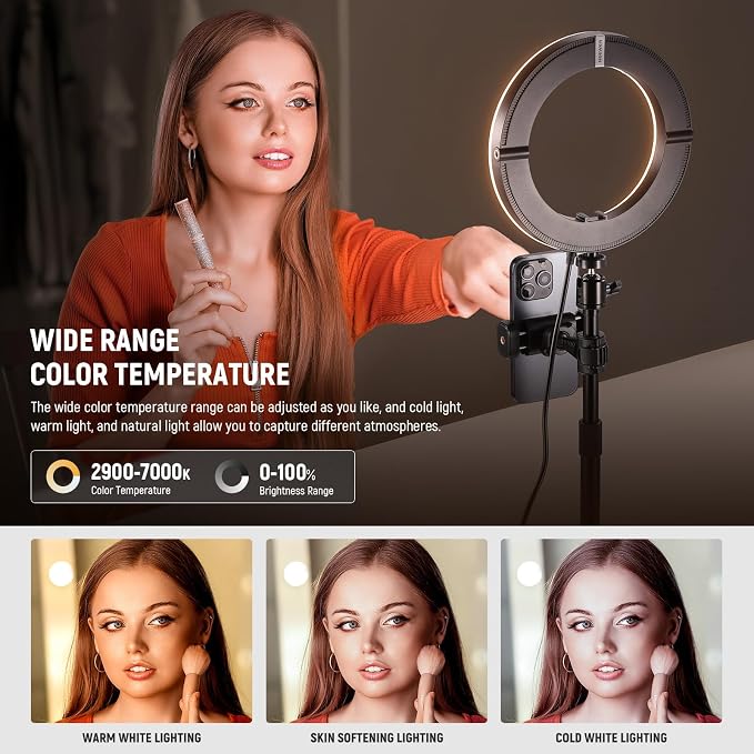 NEEWER 12" 24W High Power Desk Ring Light with Stand/Phone Holder, LED Selfie Video Conference Lighting for iPhone Streaming Makeup Vlog Recording Laptop Computer Webcam Zoom Call Podcast, RH12B - Image 3