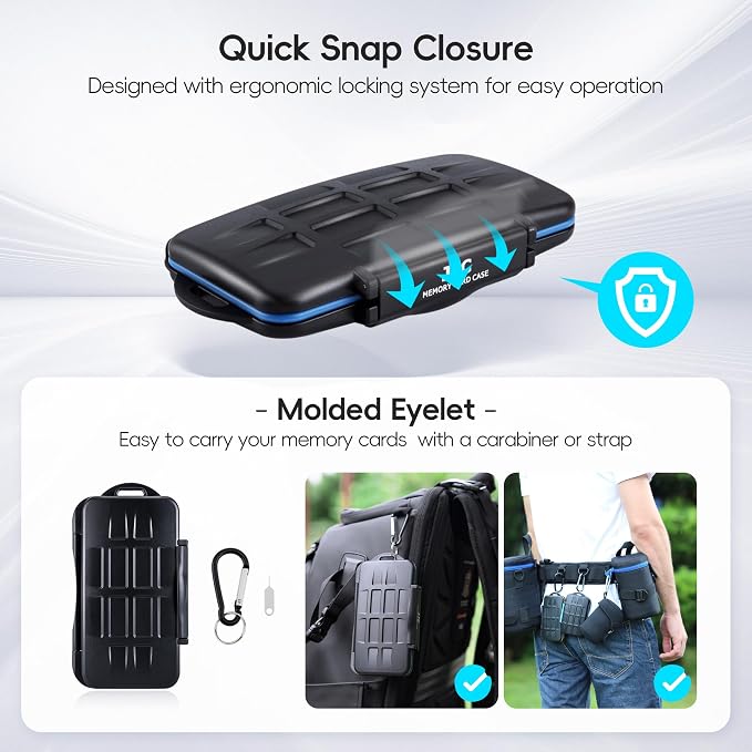 JJC Memory Card Case Holder for 4 CFast Compact Flash/8 SD/16 Microsd Card | 28 Slots CF Card Storage Case, IPX6 Water-Resistant & Shockproof, Durable ABS Shell with Rubber Interior, Includes Carabiner - Image 5