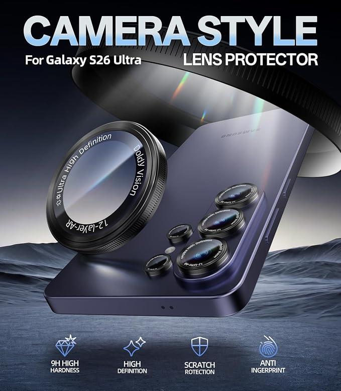 HelloDeere for Samsung Galaxy S26 Ultra Camera Lens Protector, Military-Grade 9H+ Tempered Glass with AR Optical Tech HD Anti-Glare Anti-Scratch Metal Individual Ring Easy Install Case Friendly, Black - Image 2