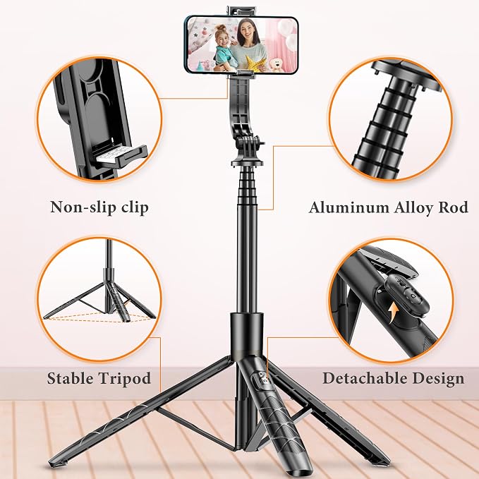 62" Aluminum Alloy Selfie Stick Phone Tripod with Wireless Remote Compatible with iPhone 17 16 15 14 13 pro Xs Max Xr X, Android/Samsung Smartphone Expandable for Travel Selfies Video Recording Vlog - Image 2