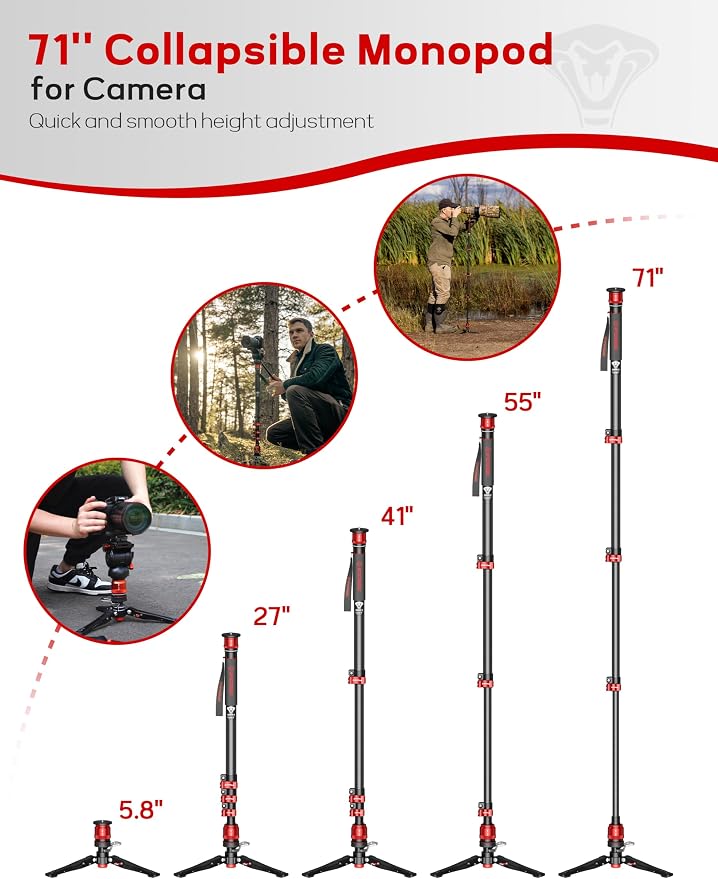 IFOOTAGE Cobra 3 C180F-P+K5S Carbon Fiber Video Monopod 71" | Fluid Head Travel Monopod Kit for Canon Nikon Sony Olympus Panasonic DSLR Camera, Payload 17.64lbs/8KG - Image 7