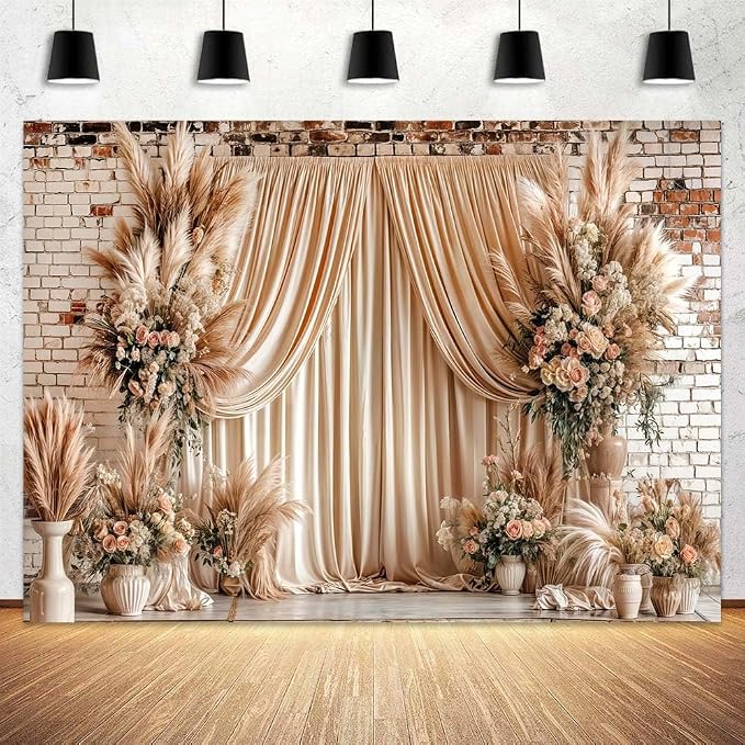 5X3ft Boho Floral Wedding Backdrop Wall Background Photography Beige Vintage Flowers Backdrops for Parties Wedding, Girls Birthday Princess Weeding Bridal Shower Floral Anniversary Ceremony Decor by JAWO