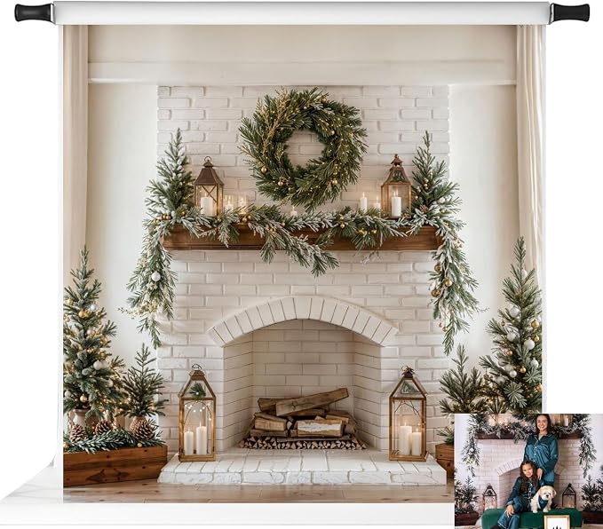 Kate Christmas Backdrops White Theme Fireplace Xmas Backdrop Family Holiday Party Decoration Props, 8x8ft by KateBackdropforPhotography
