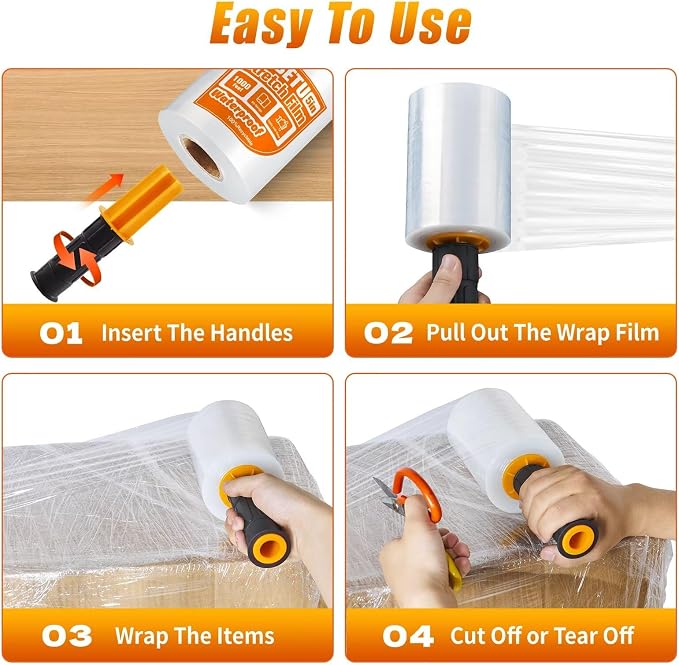 Stretch Film Shrink Wrap for Moving Supplies (5inch, 1 Pack) x 1000ft, Industrial Strength Plastic Wrap Stretch Roll for Pallet Wrapping Shipping Moving Boxes Storage Furniture with Handles, Clear - Image 8