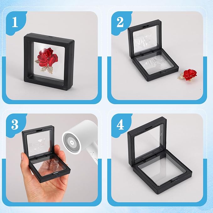 Molain 60 Pcs Coin Holder Challenge Coin Display Stand, 3D Floating Display Case 2.8 x 2.8 x 0.8 Inch Clear Film Jewelry Storage Box, Coins Case Frame Stand for Challenge Coins Fossils Rocks, Black - Image 3