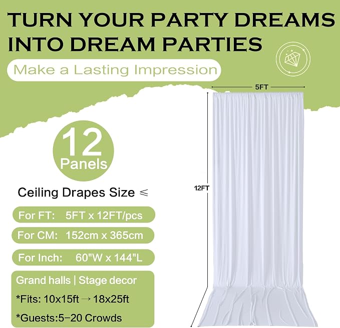 60x12 ft White Backdrop Curtains for Weddings Parties, Birthdays and Photos - Image 6