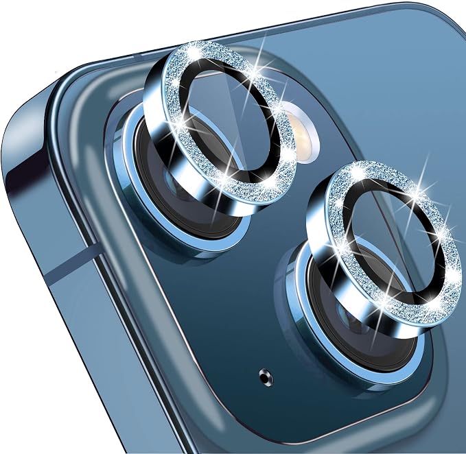 for iPhone 13 Mini & iPhone 13 Camera Lens Protector, Bling Glitter 9H Tempered Glass Camera Cover Anti Scratch Shockproof Screen Protector Individual Ring - 2Pcs Glitter Blue - Image 8