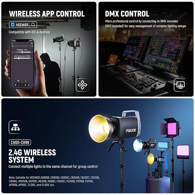 NEEWER 600W LED Studio Video Light 2.4G/APP Control 87100Lux/1m, 2700K-6500K Bi Color COB Continuous Lighting with CRI95+, 12 Scenes, Bowens Mount Spotlight for Photography Recording Streaming, FS600B - Image 5