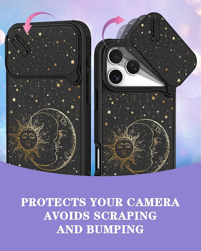 for iPhone 17 Pro Case - Women Cute Phone Cover Girly Pretty Fancy Unique Aesthetic Design Slide Camera Cover Protective Case for Apple for iPhone 17 Pro, Sun and Moon - Image 3