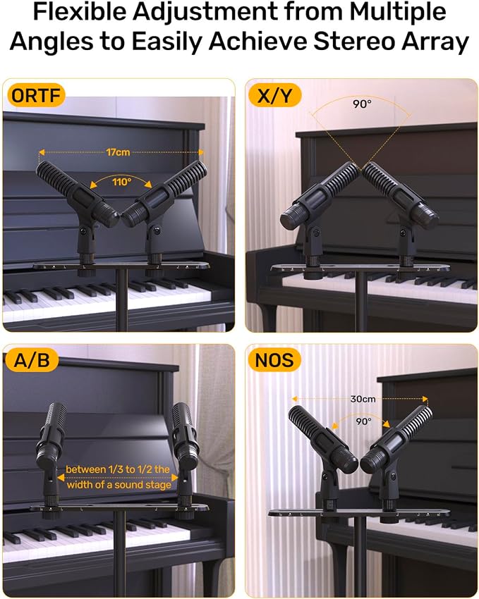 Stereo Array Spacing Mic Bar, Portable Dual Microphone Mount, Precision ORTF XY Stereo Bar, Lightweight Mic Holder for Podcast, Field Recording, 1/4”, 3/8” & 5/8” Thread Adapter Fits Most Mic Stands - Image 4