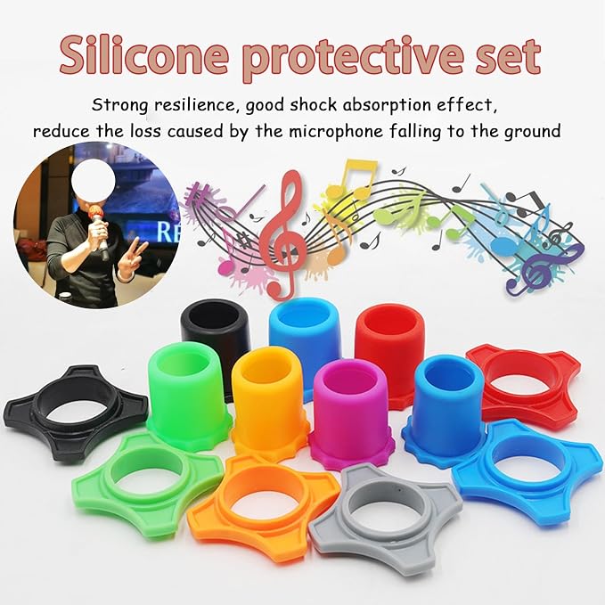4-Set Black Handheld Mic Protection Kit Silicone Ring Windscreen | anti-roll drop guard, ktv karaoke stage , wireless dynamic mic fit, foam windpop filter cover, bottom rod sleeve included - Image 6