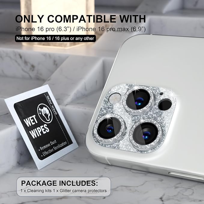 Choiche for iPhone 16 Pro/iPhone 16 Pro Max Camera Lens Protector | Bling Camera Cover with 9H Tempered Glass Lens Screen Protector Metal Ring Decoration Accessories (Glitter-Silver) - Image 2