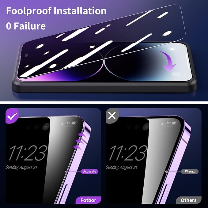 Fotbor Privacy Screen Protector for iPhone 14 Pro with Camera Lens Protector [3+3 Pack], with Easy Installation Kit, Anti Spy Private Full Coverage Tempered Glass Film 6.1 Inch, Bubble Free - Image 5