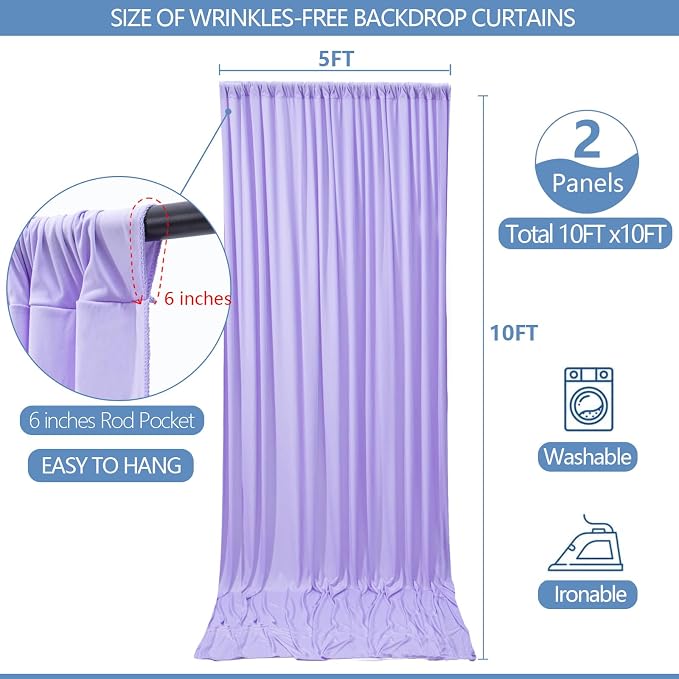 10x10ft Wrinkle Free Lavender Backdrop Curtain for Parties Soft Fabric Drapes Wedding Curtain Backdrop for Birthday Party Decorations Background for Photography 5x10ft,2 Panels - Image 3