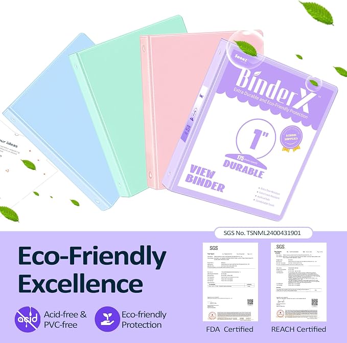 BinderX 3 Ring Binder 1 Inch, 1" Clear View Binder, Pink, Letter / A4 Size | Extra Durable, PVC-Free, Customizable, Interior Pockets, 175-Sheet Capacity, Eco-Friendly, Reinforced Hinge, School, Office - Image 2