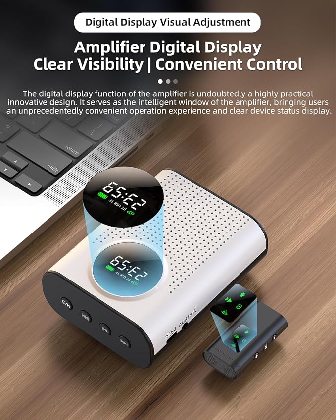 S67 Rechargeable Voice Amplifier Wireless Microphone for Teachers Classroom, Mini Lavalier Lapel Mic Clip Magnetic, Portable Bluetooth Speaker with LED Display for Class, Tour Guide, White - Image 6