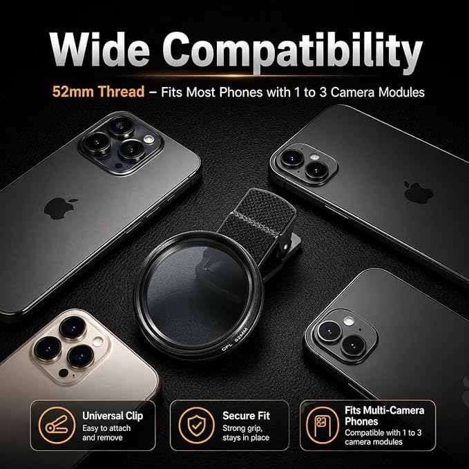 52mm Clip-on CPL Phone Camera Lens Filter Kit, Circular Polarizer Polarizing Filter Compatible with iPhone 17 16 15 14 13 12 11 - Image 7