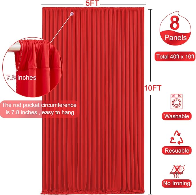 8 Panels Red Backdrop Curtain for Parties Wedding Wrinkle Free Red Photo Curtains Backdrop Drapes Fabric Decoration for Christmas Birthday Party Baby Shower 40ft(W) x 10ft(H) - Image 5