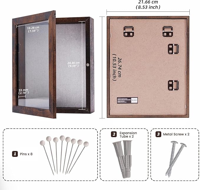 Muzilife 8x10 Shadow Box Picture Frame, 2.16 Deep, Real Glass, Honey Brown | FSC-Wood, Magnetic Door, Linen Interior & Pins, Vertical, Horizontal Wall Hanging, Display Case Frame for Photos & Keepsakes - Image 3
