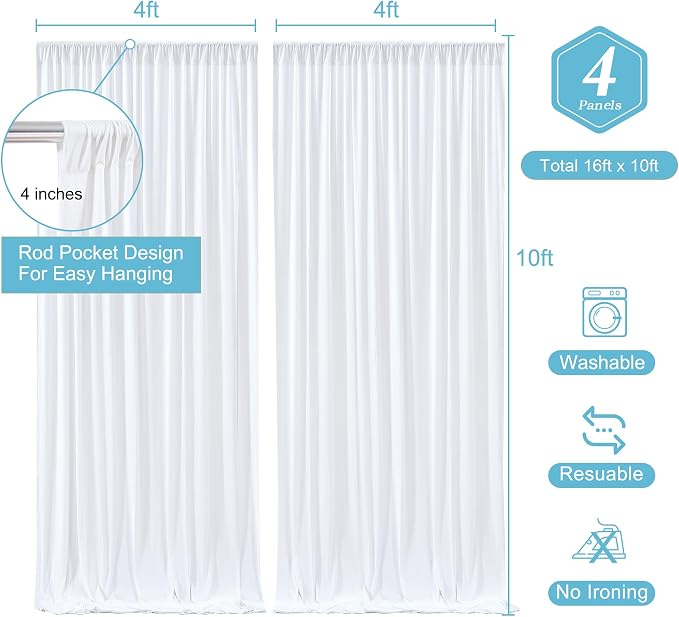 White Backdrop Curtains 4 Panels, 10 Feet Wrinkle-Free Polyester Photography Backdrop Drapes for Wedding Baby Shower Party Background Backdrop Stand- 16 X10FT (White) - Image 3