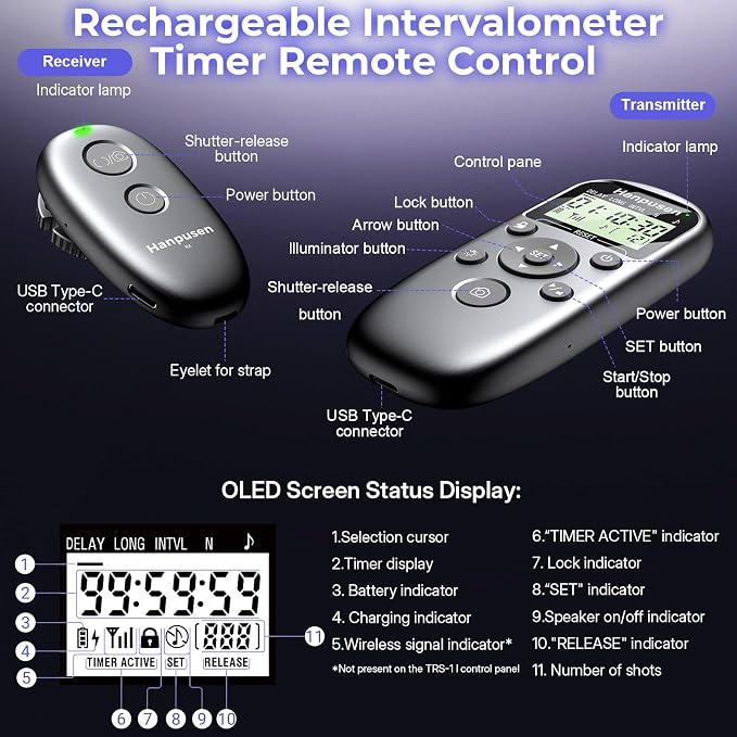 for Sony Camera Rechargeable Wireless Intervalometer Shutter Release | Time-Lapse Interval Timer Remote Control with OLED Display for Sony A6700/A6400/RX100 VII/A7 IV/A7 V/ZV-1/FX3/FX30/FX2/ZV-E1 - Image 8