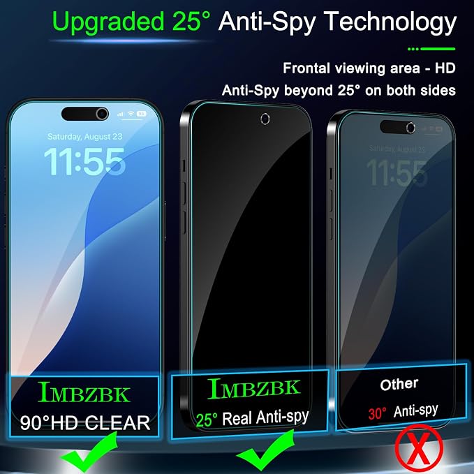 IMBZBK 3 Pack Privacy Screen Protector for iPhone 17 Pro, Tempered Glass | 9H+ Hardness, Military Grade Shatterproof, Case Friendly, Bubble Free Auto-Dust Removal, with 3 Camera Lens Protectors - Image 2