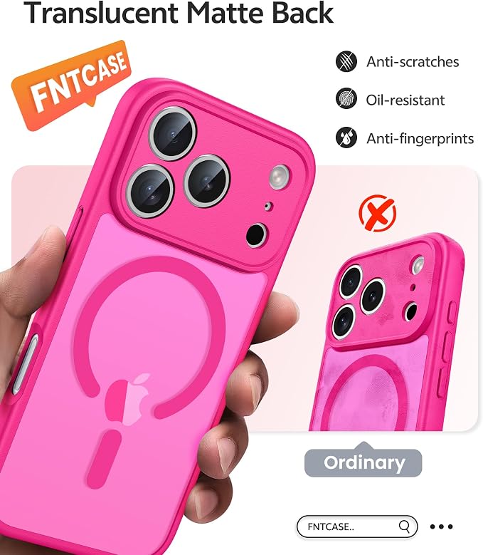 FNTCASE for iPhone 17 Pro Max Case, Fit for Magsafe, Screen Protector | Full Camera Protection, Translucent Matte, 14FT Military Grade Drop Proof, Shockproof Protective Phone Cover, Hot Pink - Image 6