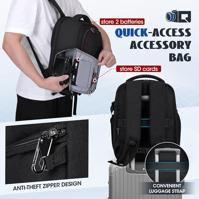 RAINSMORE Camera Backpack Camera Bag for Photographers DSLR SLR Mirrorless Camera Cases with Waterproof Rain Cover & Laptop Compartment Fits 14 Inch Laptop,Anti Theft Travel photography backpack,Black - Image 6