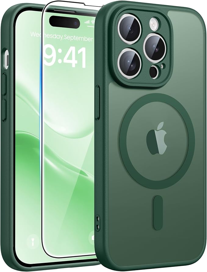 FNTCASE for iPhone 14 Pro Case, Compatible with Magsafe, Screen Protector | Full Camera Protection, Translucent Matte, 14FT Military Grade Drop Proof, Shockproof Protective Phone Cover, Green by FNTCASE