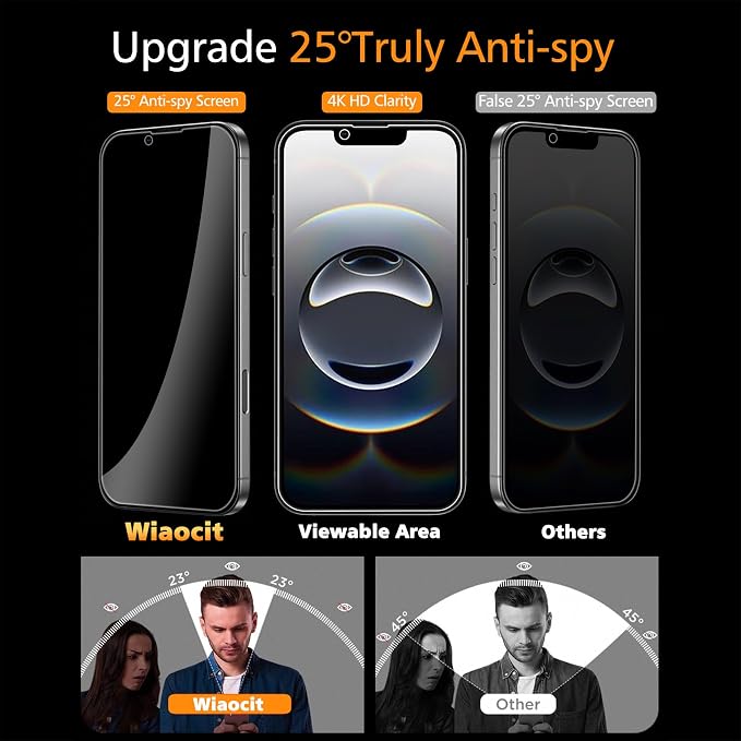 Wiaocit Tempered Glass Privacy Screen Protector for iPhone 16e/iPhone 17e | 3+3 Pack, 9H Hardness, Camera Lens Protector, Installation Frame, Bubble Free, Case Friendly - Image 2