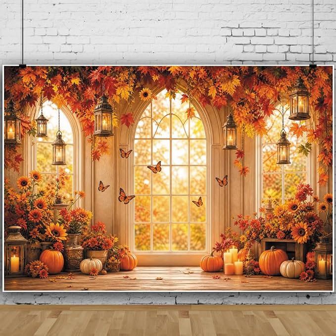 Fall Butterfly Floral Backdrop for Photography 7x5ft Autumn Window Pumpkin Maple Flowers Backdrop Thanksgiving Theme Background Birthday Party Decorations Photo Booth Props Vinyl by Leowefowa