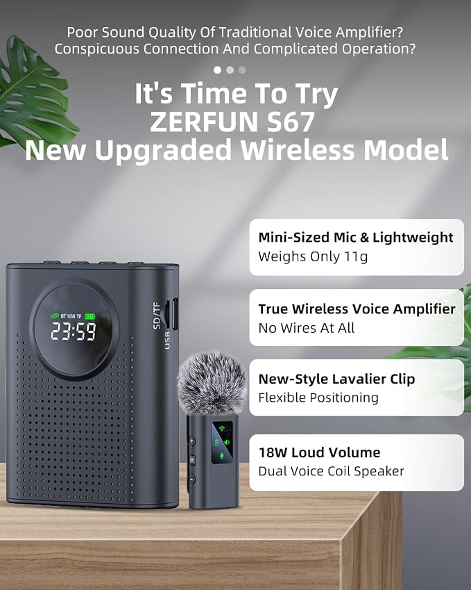 S67 Rechargeable Voice Amplifier Wireless Microphone Dual for Teachers Classroom, Mini Lavalier Lapel Mic Clip Magnetic, Bluetooth Speaker with LED Display for Class, Tour Guide, Coaches, Black - Image 2