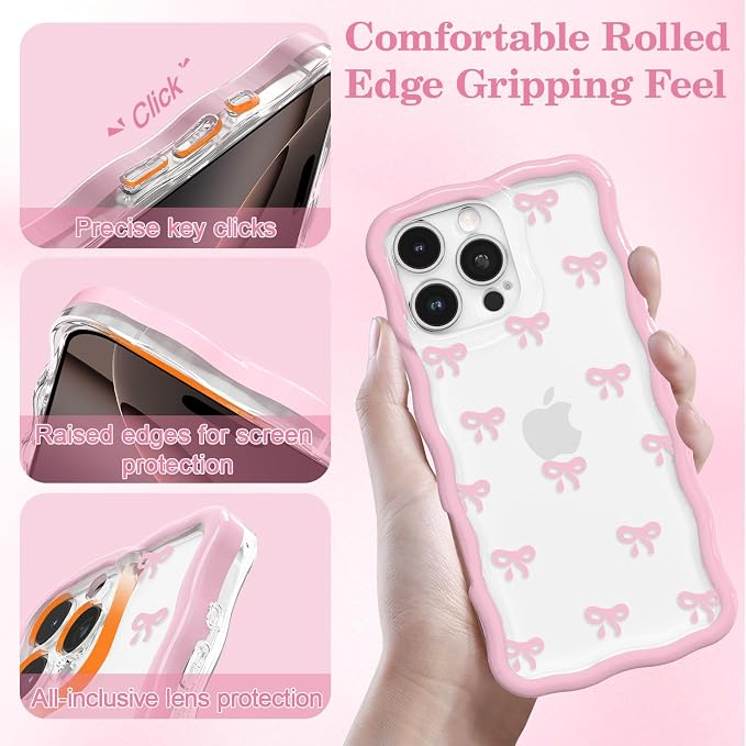QLTYPRI for iPhone 14 Pro Max Pink Bow Case, Clear Cute Pink Ribbon Bow Phone Case Curly Wavy Aesthetic Phone Cover, Soft Slim Transparent TPU Shockproof Protective Cover for Women Girls - Tiny Bow - Image 3