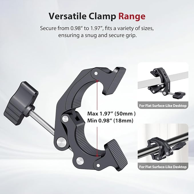 Came-TV Universal 18-50mm Camera Clamp Mount for Insta360/GoPr0, Heavy-Duty Aluminum Alloy with 1/4" & 3/8" Threads, Motorcycle Mirror/Car Headrest Rod Clamp for Camera/LED Light/Microphone - 61012 - Image 2