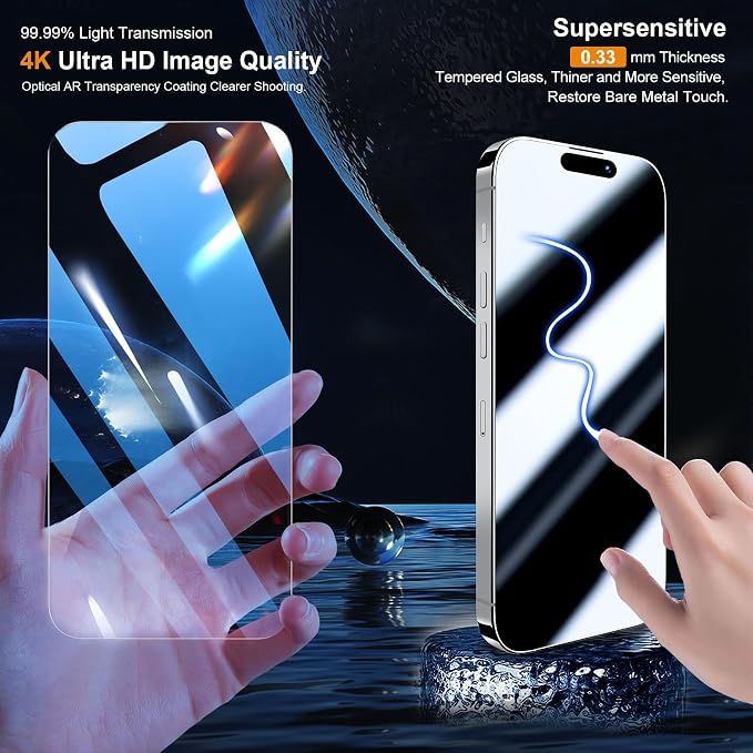 QHOHQ 3 Pack Screen Protector for iPhone 15 Pro [6.1 Inch] with 3 Pack Camera Lens Protector, Tempered Glass Film, HD Clear, 9H Hardness, No Bubbles, Case Friendly - Image 2