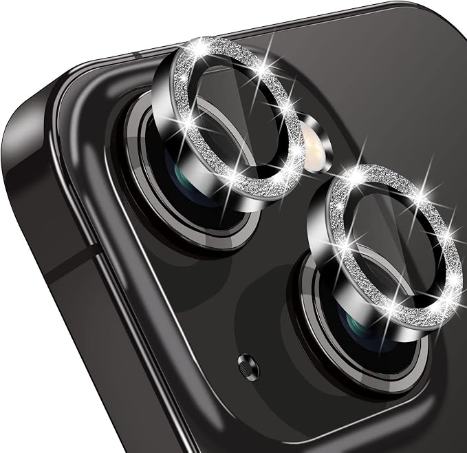 for iPhone 13 Mini & iPhone 13 Camera Lens Protector, Bling Glitter 9H Tempered Glass Camera Cover Anti Scratch Shockproof Screen Protector Individual Ring - 2Pcs Glitter Black - Image 8