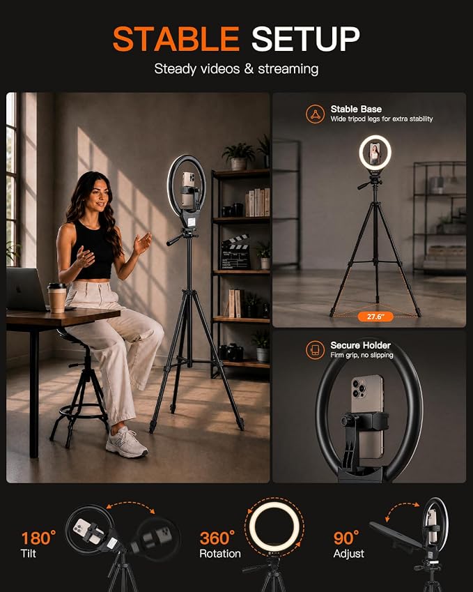 Sensyne Ring Light with Stand, 50" Phone Tripod for iPhone & Android, LED Ring Light with Remote, 3 Color Modes & 10 Brightness Levels for TikTok, Zoom & Video Recording - Image 7