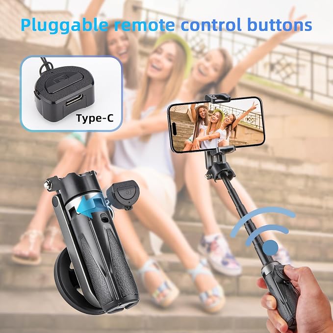 MQOUNY for Magsafe Tripod Stand for iPhone,Portable Pocket Size Selfie Stick with Rechargeable Remote and Metal Ring,Extendable Detachable Cell Phone Tripod Compatible with iPhone/Android - Image 7