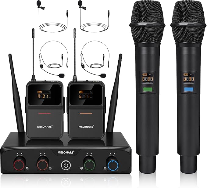 MELONARE 4-Channel UHF Compact Wireless Microphone System MWM-41-2H2B | 2 Handheld Mics, 2 Bodypacks, Headset/Lapel Mics, 4 x 10 Frequencies, 200 ft Range, Karaoke, Church by MELONARE
