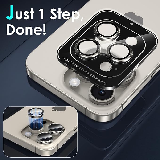 YWXTW Camera Lens Protector for iPhone 15 Pro/iPhone 15 Pro Max, [1 Step Installation Tray] Tempered Glass Screen Protector Metal Individual Camera Cover Accessories Case Friendly (Natural Titanium) - Image 4