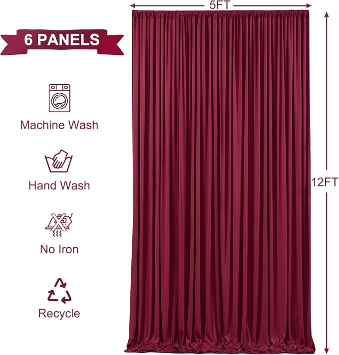 6 Panels Burgundy Backdrop Curtains for Wedding Party Wrinkle Free Backdrops Curtain Drapes Fabric Decorations Maroon Photo Back Drop for Baby Shower Photography Stage Reception 30ft(W) x 12ft(H) - Image 5